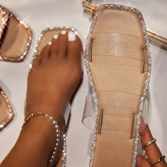 NEW Clear Sparkly Rhinestone Embellished Double Straps Slip On Slides Sandals - Picture 11 of 15